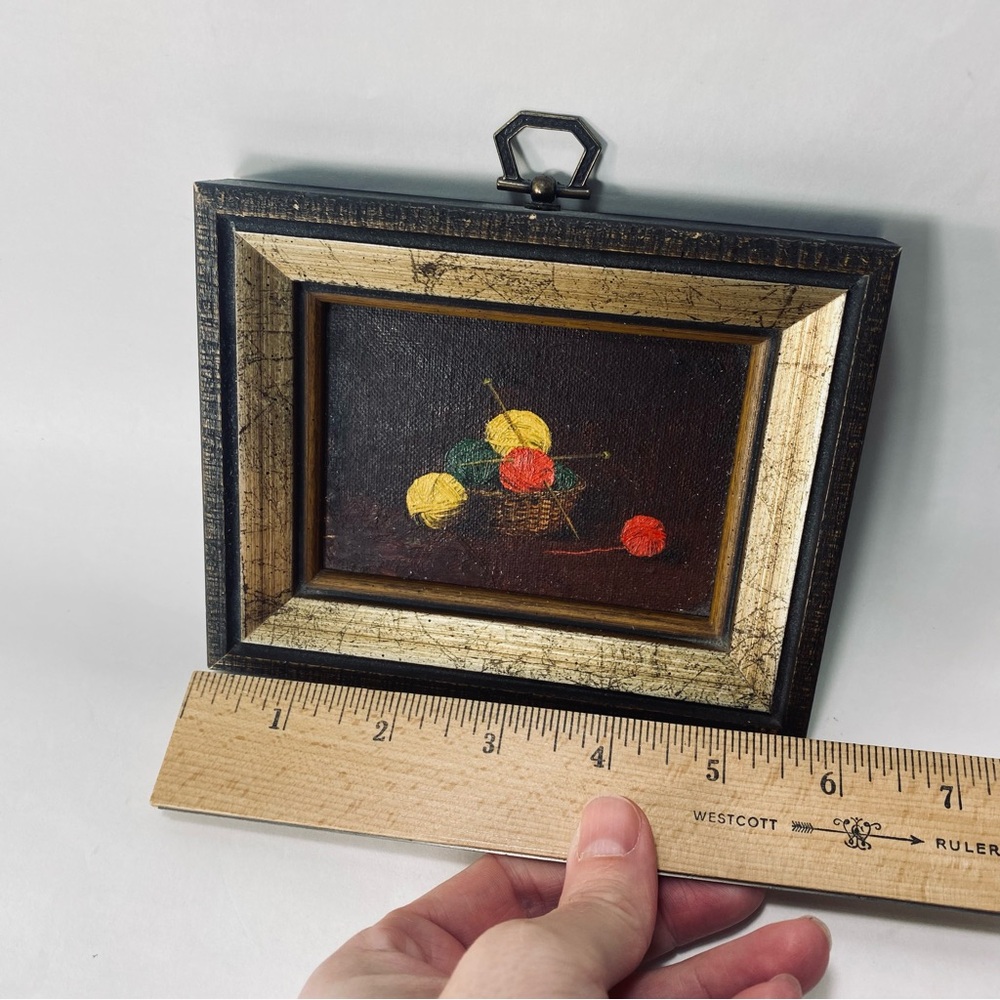 Miniature Vintage Still Life Oil Painting Board Basket Knitting Yarn and Needles - Picture 3 of 13